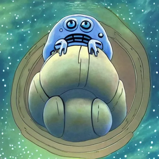 Image similar to the alien cosmic tardigrade that awaits you at the end of all of space and time, by studio ghibli