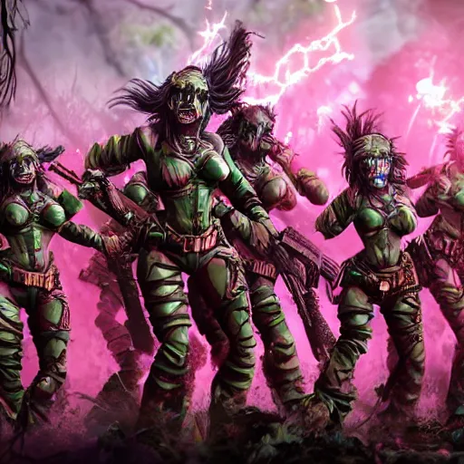 Prompt: squad of beautiful armed zombie girls in army of nurgl warhammer in fantasy forest between a trees, dark fantasy, all filtered through a cybernetic lens, studio lighting, lit by flashing pixel light, cinematic lightning, medium shot, mid-shot, highly detailed, trending on artstation, Unreal Engine 4k, cinematic wallpaper