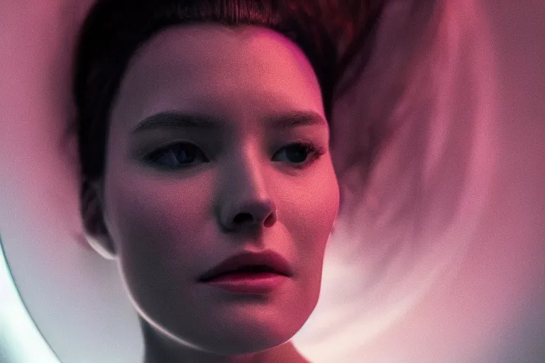 Prompt: VFX movie of a futuristic space woman gorgeous closeup portrait in future spaceship, beautiful natural skin neon lighting by Emmanuel Lubezki