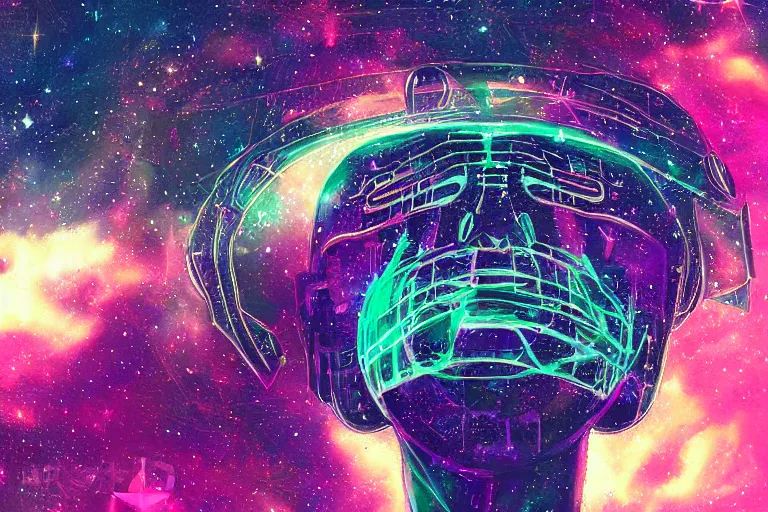 Image similar to digital art of a spiritual gladiator looking up at the stars, acrylic art, universe, painting, pastel colors, synthwave, retro, cyberpunk,