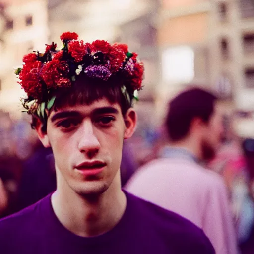 Image similar to close up kodak portra 4 0 0 photograph of a skinny guy standing in crowd, flower crown, moody lighting, telephoto, 9 0 s vibe, blurry background, vaporwave colors, faded!,