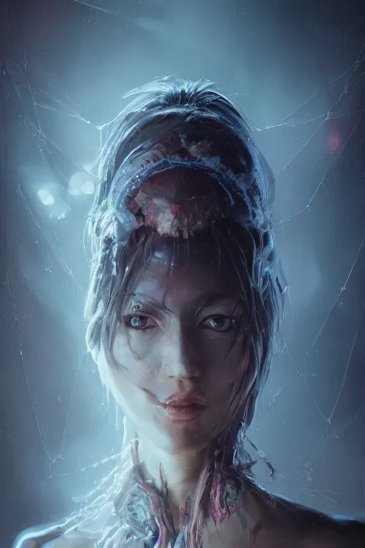 Image similar to A fancy portrait of a half women half spider creature by Greg Rutkowski, beeple, Sung Choi, Mitchell Mohrhauser, Maciej Kuciara, Johnson Ting, Maxim Verehin, Peter Konig, Bloodborne, 8k photorealistic, cinematic lighting, HD, high details, dramatic, dark atmosphere, trending on artstation