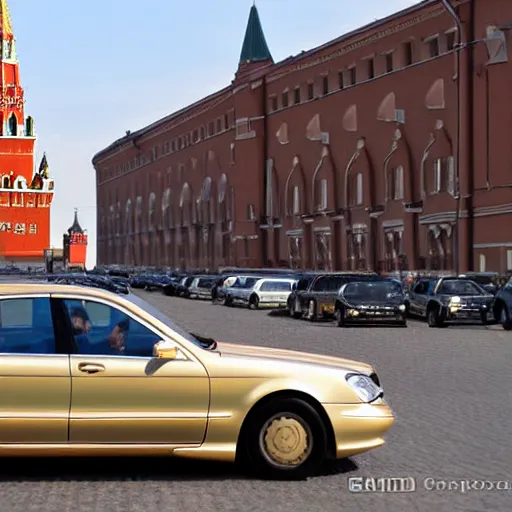 Image similar to gold Mercedes-Benz s500 long in the body 220 (w220) 2002 old year is located on the red square in Moscow