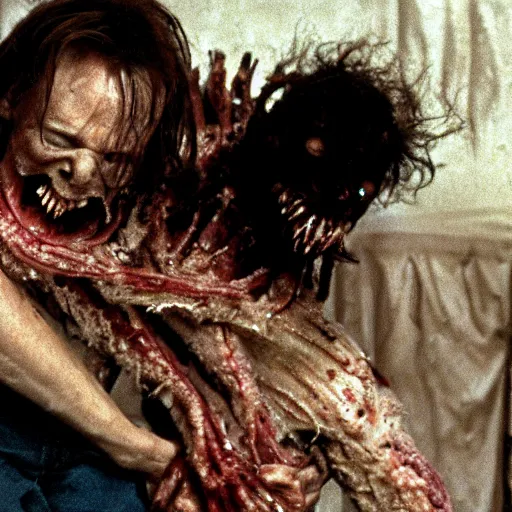 Prompt: a demonic vile disturbing disgusting horror visceral creature eating a human, from the thing, david cronenberg