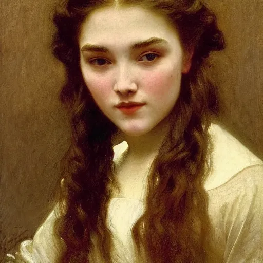 Image similar to Portrait of Florence Pugh, by William Adolphe Bouguereau, John Singer Sargent, Vermeer, serene