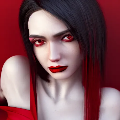 Prompt: portrait of a woman with long black hair and red eyes, wearing a red dress, 4k, detailed face, beautiful, octane render, dark lighting, artstation, high quality,
