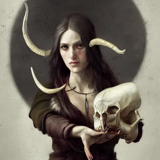 Image similar to woman with goat horns holding an animal skull, style of da vinci, fantasy illustration, by greg rutkowski