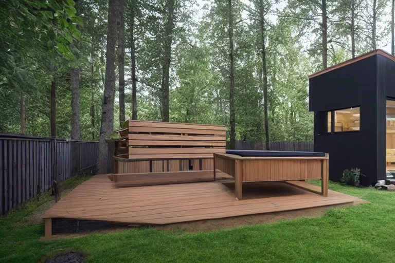 Prompt: unique modern finnish sauna in a backyard