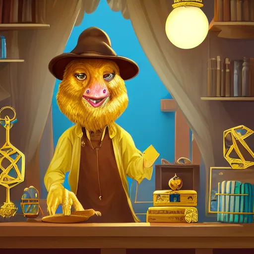 Prompt: Anthropomorphized DinosUr trader in his shop, selling his wares, portrait, items, gold, magic potions, carpet, window, fancy hat, sly expression , cunning expression, cute expression, long thick shiny gold beak, presenting wares, holding a gold bag, D&D, fantasy, cinematic lighting, highly detailed, digital painting, artstation, concept art, smooth, sharp focus, illustration, warm light, cozy warm tint, magic the gathering artwork, volumetric lighting, 8k, art by Akihiko Yoshida, Greg Rutkowski