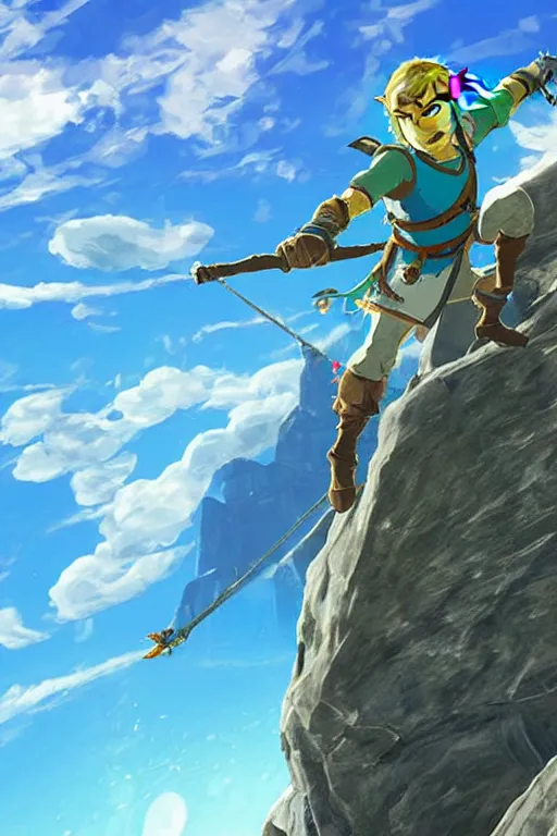 Image similar to in game footage of link from the legend of zelda breath of the wild climbing using magnesis, breath of the wild art style.