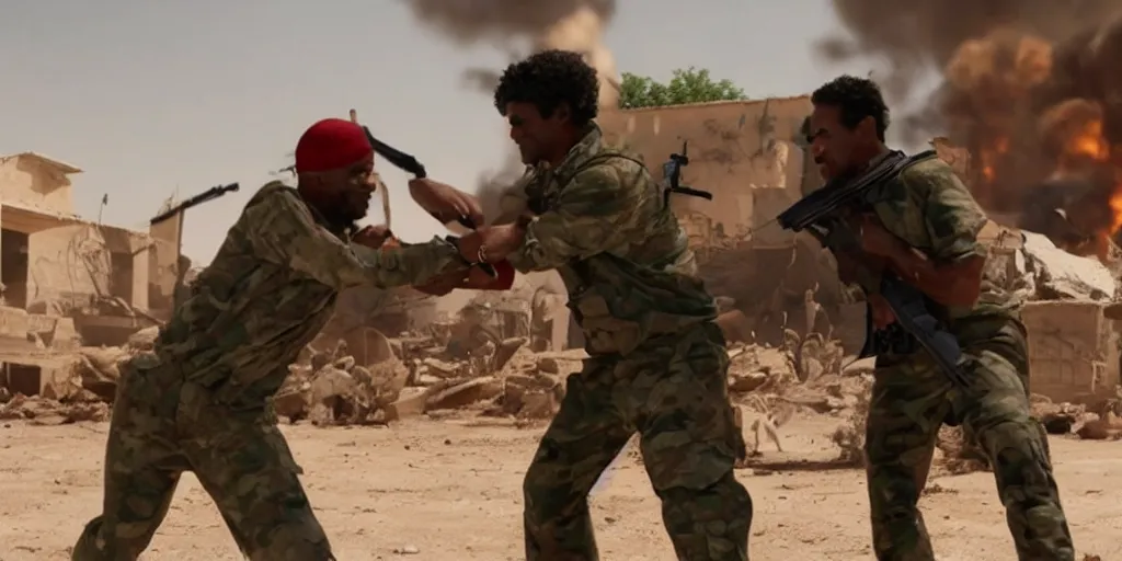 Prompt: movie still of hilary clinton fighting colonel gadafi in libya, wide shot, realistic, octane render