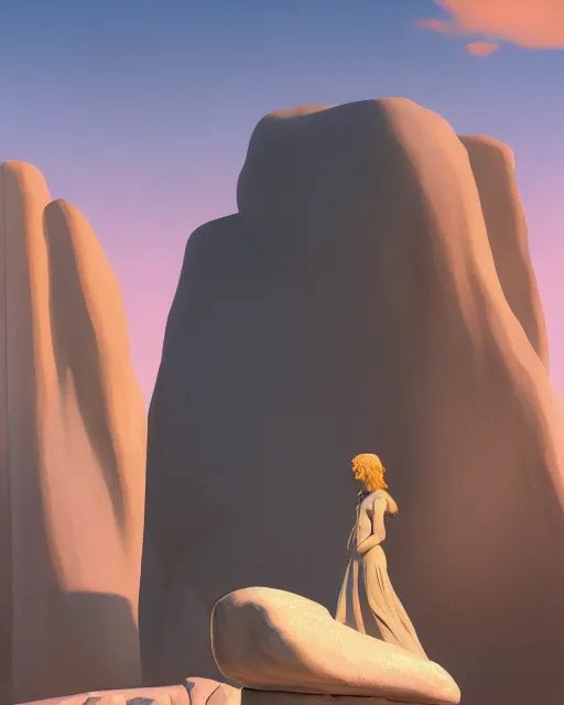 Image similar to a painting of a real woman standing in front of a huge stone statue, a screenshot by stanley twardowicz, cgsociety, aestheticism, aesthetic, vaporwave, anime aesthetic