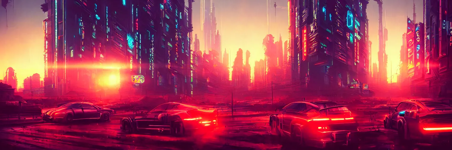 Image similar to cinematic photography of a cyberpunk desserted city during sunset, flare back lighting, cyber led neon, bokeh, rule of thirds, hyper photorealistic, crispy quality, digital photography, art by artgerm, art by greg rutkowski, art by pascal blanche,