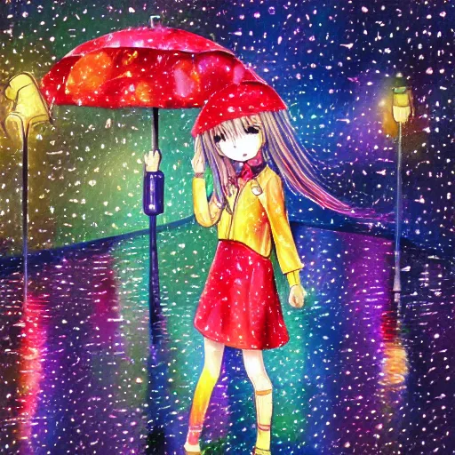 Prompt: rain, pattern, cute anime, vivid colors, watercolors, umbrella, girl