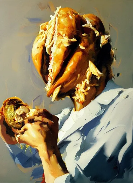 Image similar to jerma eating chicken sandwich, eyes watering painting by phil hale, fransico goya,'action lines '!!!, graphic style, visible brushstrokes, motion blur, blurry, visible paint texture, crisp hd image
