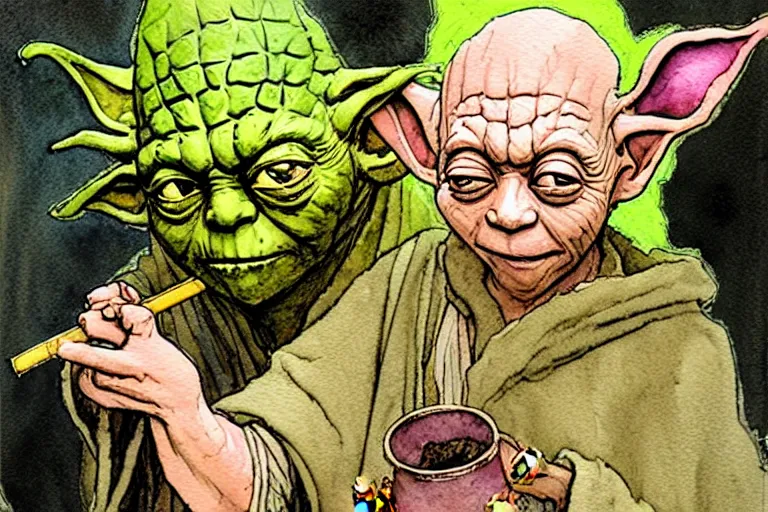 Image similar to a realistic and atmospheric watercolour fantasy character concept art portrait of yoda with pink eyes smiling and holding a blunt with a pot leaf nearby, by rebecca guay, michael kaluta, charles vess and jean moebius giraud