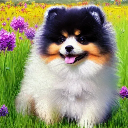 Prompt: cute fluffy pomeranian puppy sitting in flower meadow landscape detailed painting 4 k