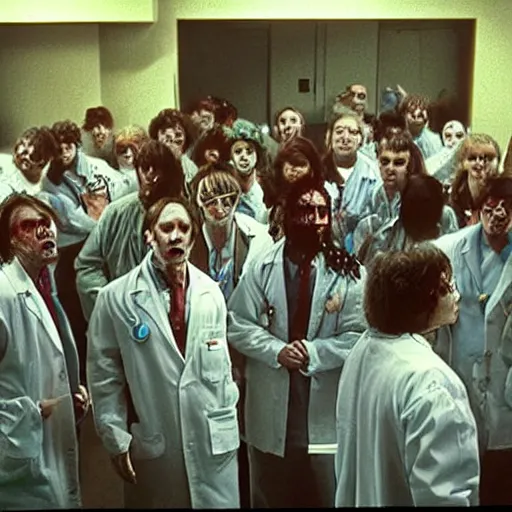 Image similar to a creepy filmic 30mm filmic wide shot ground level angle movie still color film photograph of a crowd of terrified doctors wearing lab coats trying to escape from a dangerous shape shifting alien creature with multiple mutated snarling drooling human faces and a grotesque variety of human & animal arms, legs & body parts in the style of a live action 1980s horror film, The Thing 1982