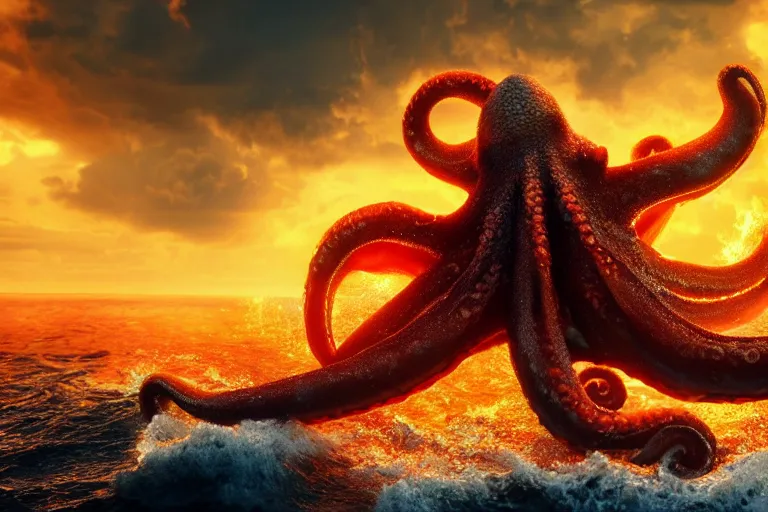 Prompt: an octopus with fire on its tentacles is jumping from the sea, strong waves, puffy clouds, orange end blue palette, 4k, ultra details, cinematic, epic style, beautiful photo, hyper realistic, octane render, unreal engine, award winning, on artstation, volumetric lightning, masterpiece, golden hour,