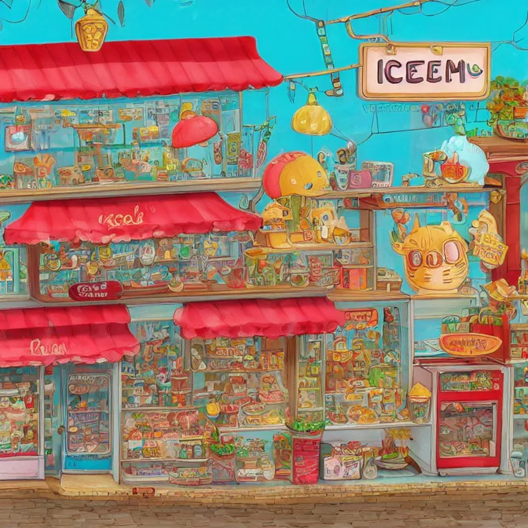 Image similar to ice cream shop, by richard scarry, intricate detail, HD, trending on artstation, fluorescent accents