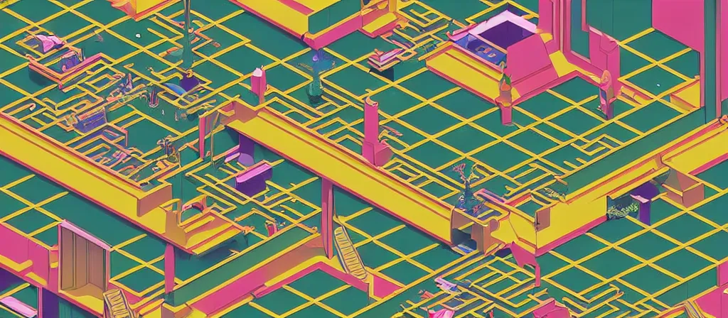 Image similar to huge gargantuan angular dimension of the backrooms indoor 7 0 s moquette scenario. surrealism, mallsoft, vaporwave, trending on artstation, shot from above, axonometric camera perspectic, epic scale by escher