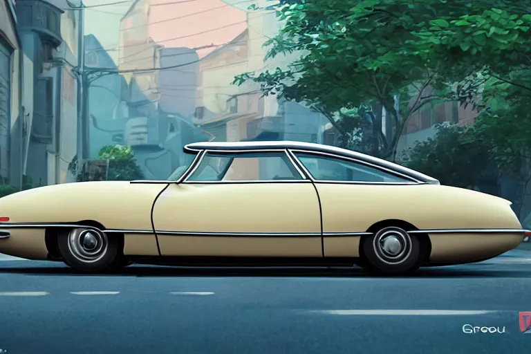 Image similar to a wholesome animation key shot of!! one!! focused! 1 9 7 4 citroen ds! in the street, medium shot, studio ghibli, pixar and disney animation, sharp, very detailed, high resolution, rendered in unreal engine 5, anime key art by greg rutkowski, bloom, dramatic lighting