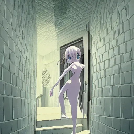 Image similar to a slimegirl woman in a bright white hallway with many doors and many stairs, Mc Escher architecture, epic composition, by Makoto Shinkai