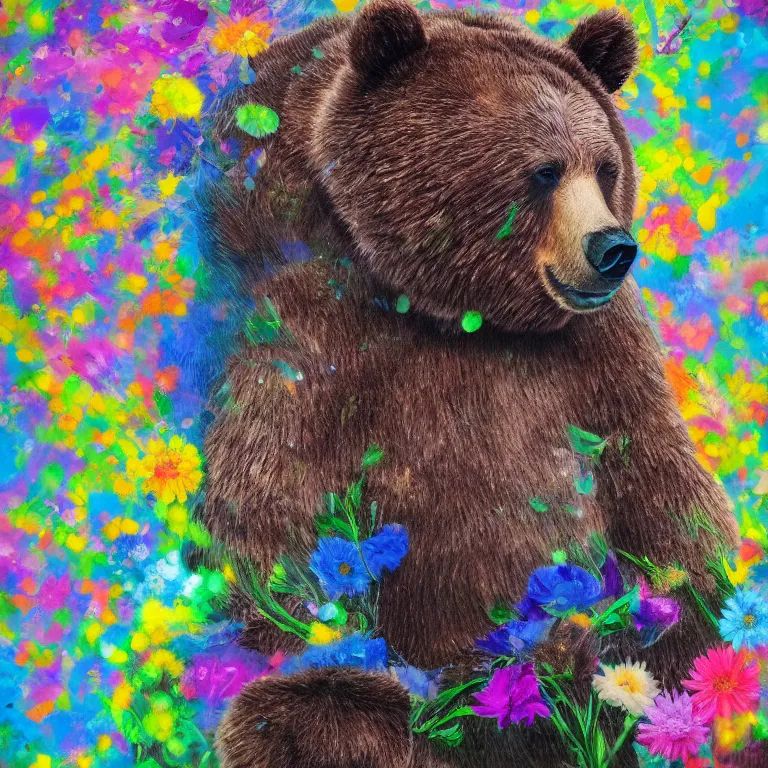 Prompt: a very artistic painting of a single bear with flowers on his head, beautiful and cute, long exposure, high quality, detailed, 8 k resolution, analytical art, art photography, moco, paris school