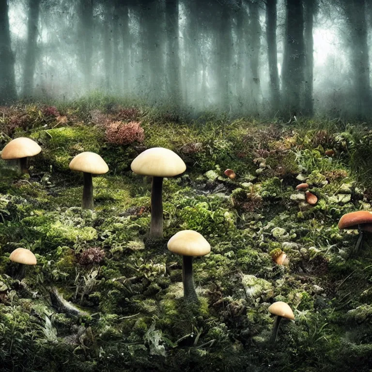 Image similar to a planet of various fungus, mushrooms and plants, inside the picture is infinity, Atmospheric phenomenon, artistic photography, muted colors, conceptual, long exposure outside the city, volumetric light