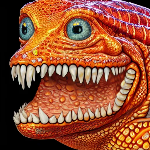 Image similar to president hilary clintonas a smiling laughing bright orange lizard person with bumpy dinosaur skin, airbrush painting, hyper detailed, 8 k, photorealism, rule of thirds, glitter.