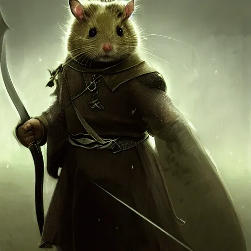 Prompt: lord of the rings warrior hamster concept art, 4 k, 8 k, trending on artstation, cgsociety, in the style of greg rutkowski, wlop,