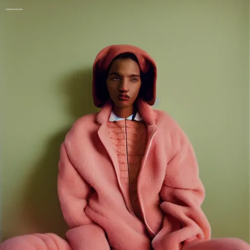 Image similar to realistic photoshooting for a new balenciaga lookbook, color film photography, portrait of a beautiful woman, by photo in style of Tyler Mitchell, wes anderson, Julia Hetta, Tim Walker, Petra Collins, 35mm,