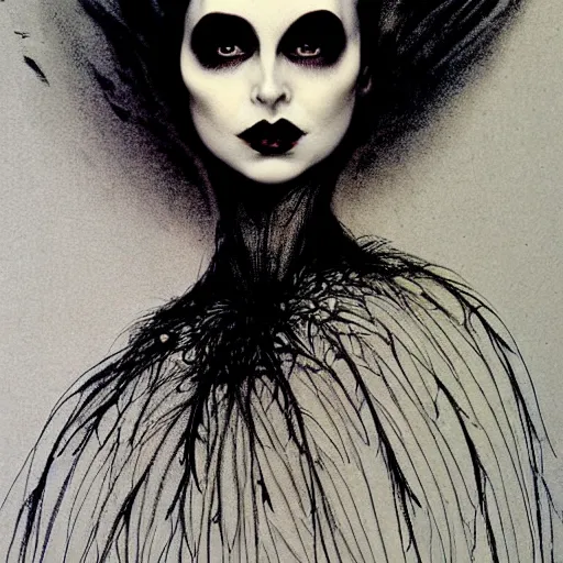 Image similar to portrait soft light, goth woman as mysterious supervillain and and black veil and modestly clothed victorian goth, black feathers instead of hair, black wings instead of arms, gray mottled skin, black feathers growing out of skin, transforming, by tim burton and brian froud, german expressionist, paintbrush, rough paper, fine,