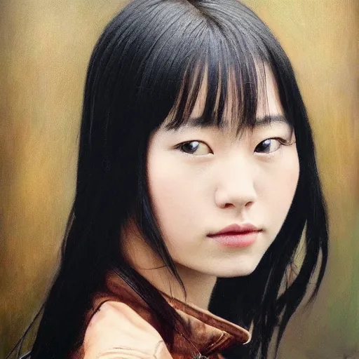 Prompt: perfect, realistic oil painting of close-up japanese young woman wearing leather jacket, in LOTR