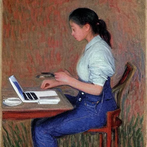 Image similar to philipino young woman with jeans overalls typing on laptop by monet