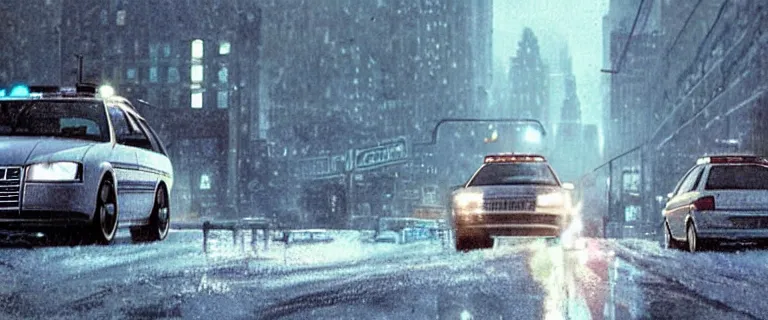 Prompt: Audi A4 B6 Avant (2002) chased by NYPD cop cars, a gritty neo-noir, dramatic lighting, cinematic, establishing shot, extremely high detail, photorealistic, cinematic lighting, artstation, by simon stalenhag, Max Payne (PC) (2001) winter new york at night, eldritch horror