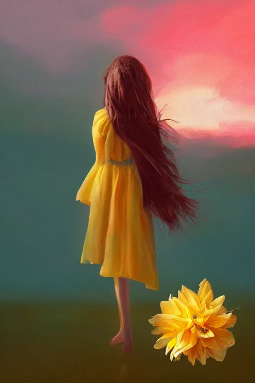 Prompt: closeup girl with huge yellow dahlia flower head, on beach, surreal photography, blue sky, sunrise, dramatic light, impressionist painting, digital painting, artstation, simon stalenhag