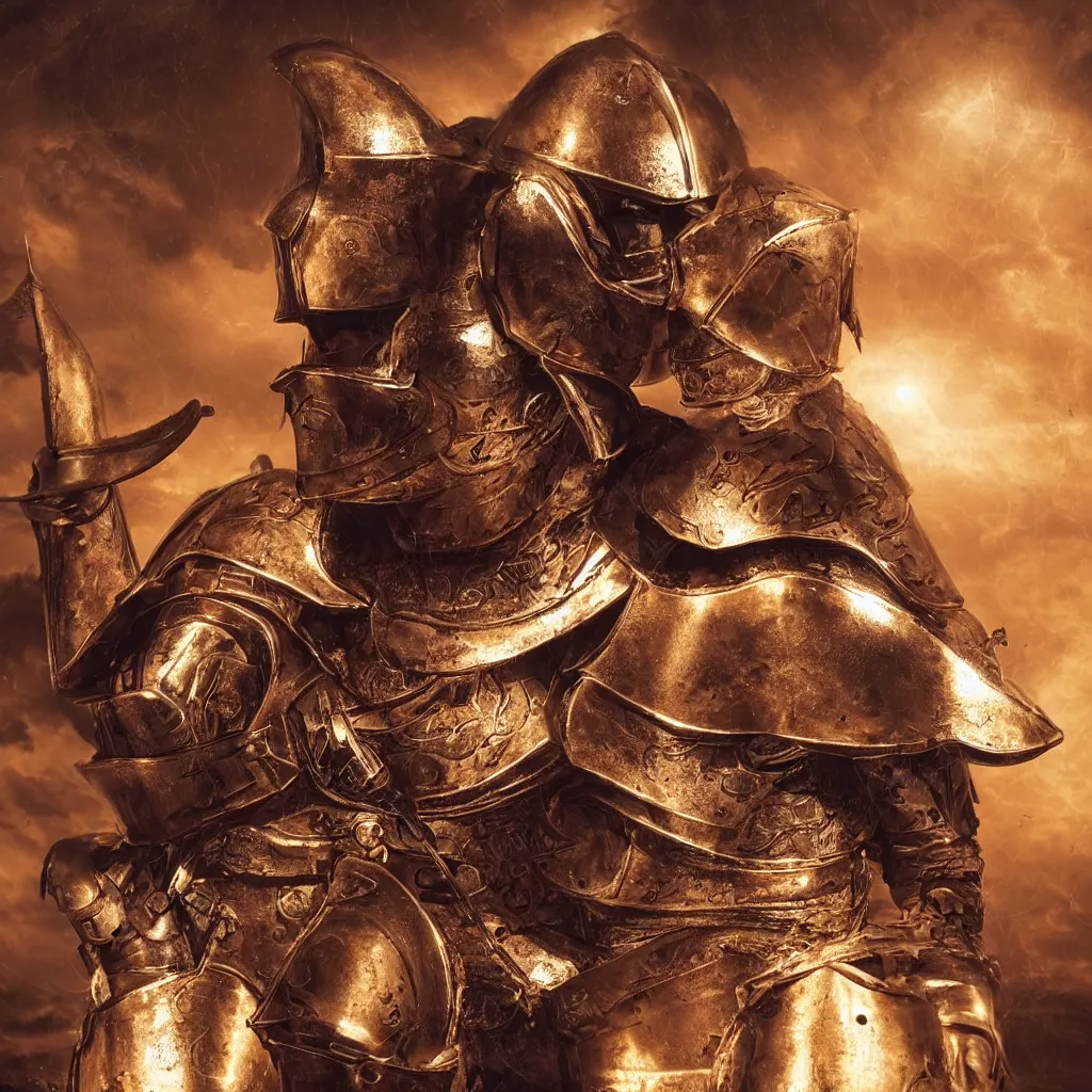 Image similar to of a photo of a knight character that has a helmet that is made of copper and gold, beautiful sculpted details, cinematic lighting, this knight is a war lord who roamed the fields in many battles, there is a faint red aura to him displaying a lot of power