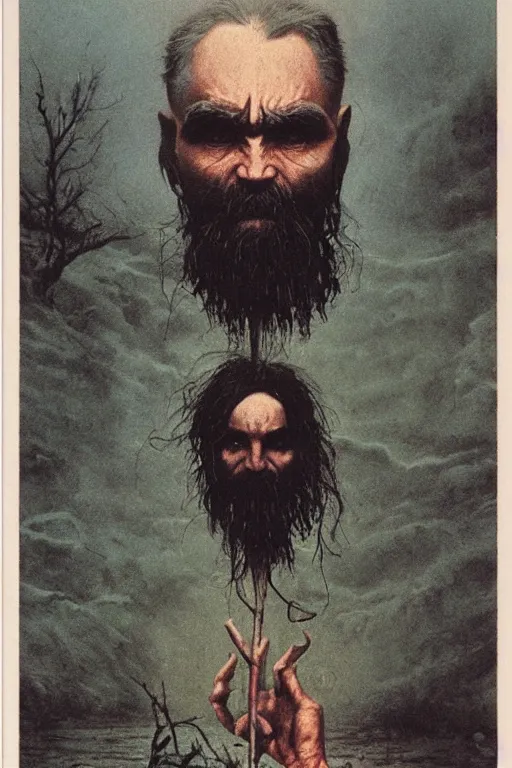 Image similar to magic the gathering card depicting charles manson, by zdzislaw beksinski, swamp, black