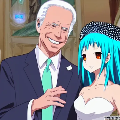 Image similar to anime depiction of Joe Biden marrying Hatsune Miku