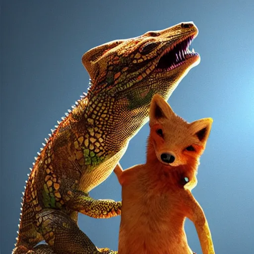 Image similar to a large human cross lizard eating a small fox, digital art, artstation, realistic, hyperreal, high quality