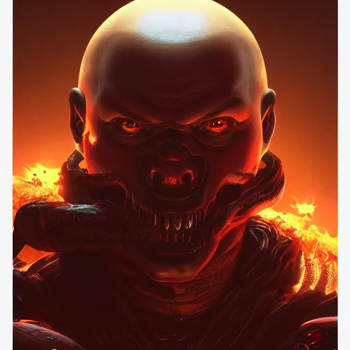 Image similar to Caillou corrupted by demonic power in doom eternal, intricate artwork by Tooth Wu and wlop and beeple. octane render, trending on artstation, greg rutkowski very coherent symmetrical artwork. cinematic, hyper realism, high detail, octane render