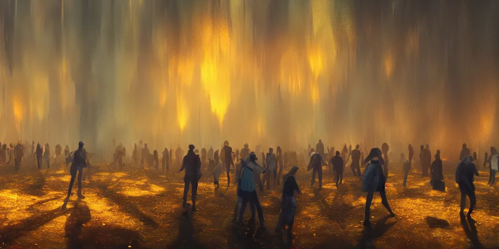 Image similar to Photorealistic crowd of lurching people made from colorful fungus approach. a gentle rising mist. occult photorealism, UHD, amazing depth, glowing, golden ratio, 3D octane cycle unreal engine 5, volumetric lighting, cinematic lighting, cgstation artstation concept art