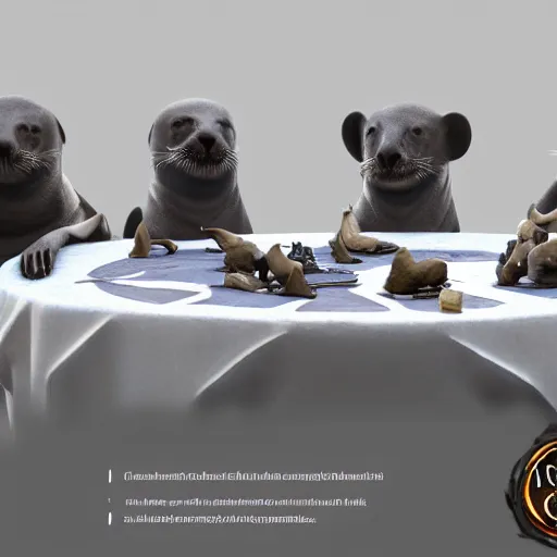 Image similar to a group of seals pups sitting around a table, playing dnd, cinematic lighting, trending on artstation, focused, detailed