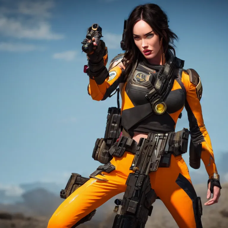 Image similar to megan fox as tracer from overwatch, movie still, 8 k, hdr, atmospheric lighting