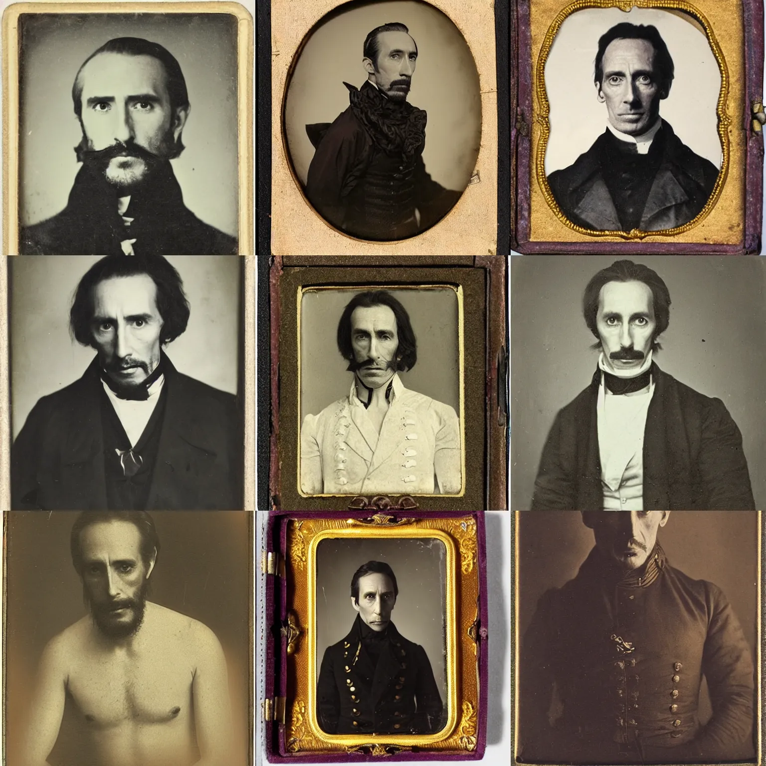 Prompt: portrait of a mid 1 9 th century, austro - hungarian, 3 5 years old, martial, awkward, stiff hunter ( christopher lee mixed with jonathan hyde - with brown hair and ( ( ( long, brown goatee!! ) ) ) ). daguerreotype by emil rabending