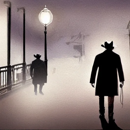 Prompt: a man with a long coat and a cowboy hat walking in a western town, by Shaddy Safadi, dramatic lighting, digital painting, 8k, highly detailed