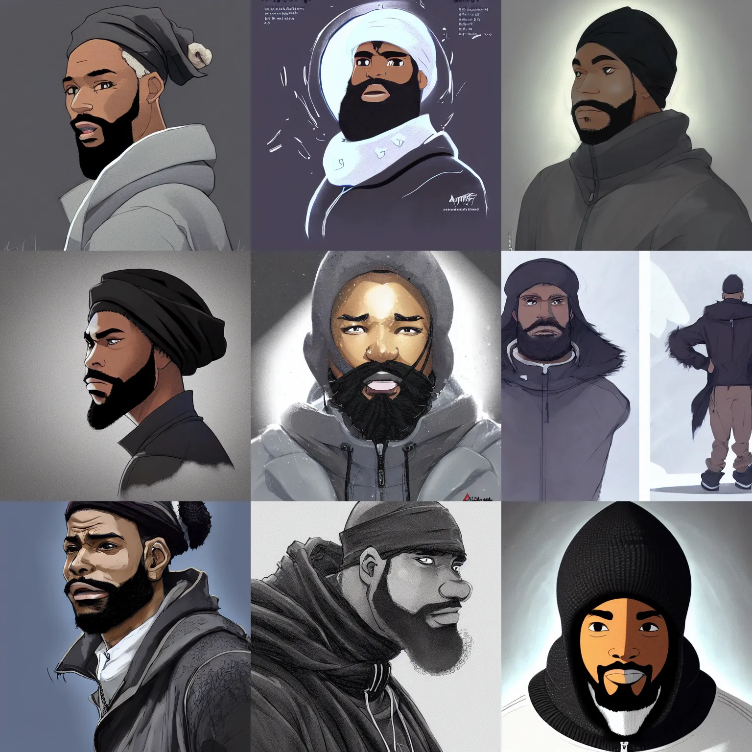 Prompt: concept art render of a handsome black athlete with a big beard wearing a dark gray durag and a black zipped up puffer winter coat, beautiful, fantasy, white background, cinematic lighting, artstation, trending, highly detailed, focus, smooth, by studio ghibli, rossdraws, hirohiko araki, conrad roset, yoshitaka amano