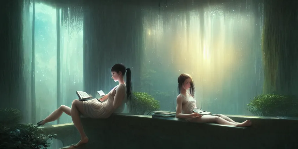 Image similar to breathe into euphoria, a girl reading a book, altered carbon, dreamy ethereal vibe, atmospheric, detailed intricate render, fibbonacci, detailed illustration, hd, 4 k, digital art, overdetailed art, surrealistic, by greg rutkowski, by loish, laura sava, slavic traditional trending on artstation, deviantart