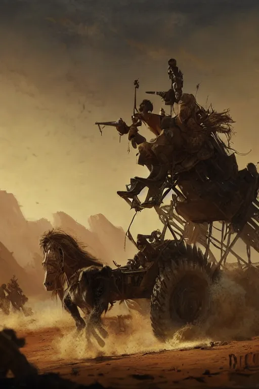 Image similar to Mad Max reimagined in the baroque era, catapult, horses, orchestral band on a wagon, hearthstone art style, epic fantasy style art by Craig Mullins, fantasy epic digital art, epic fantasy card game art by Greg Rutkowski